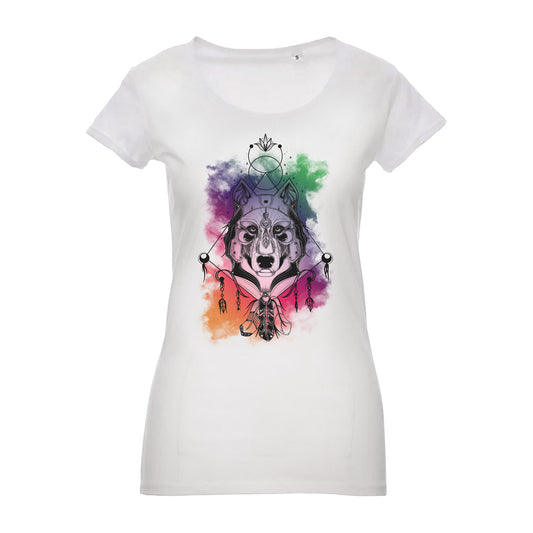 maglietta t-shirt lupo wolf boho piume