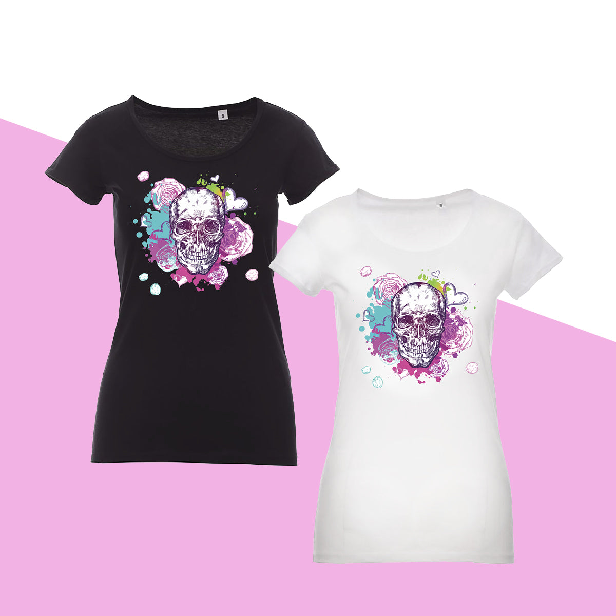 maglietta t-shirt personalizzata teschio fiori rosa